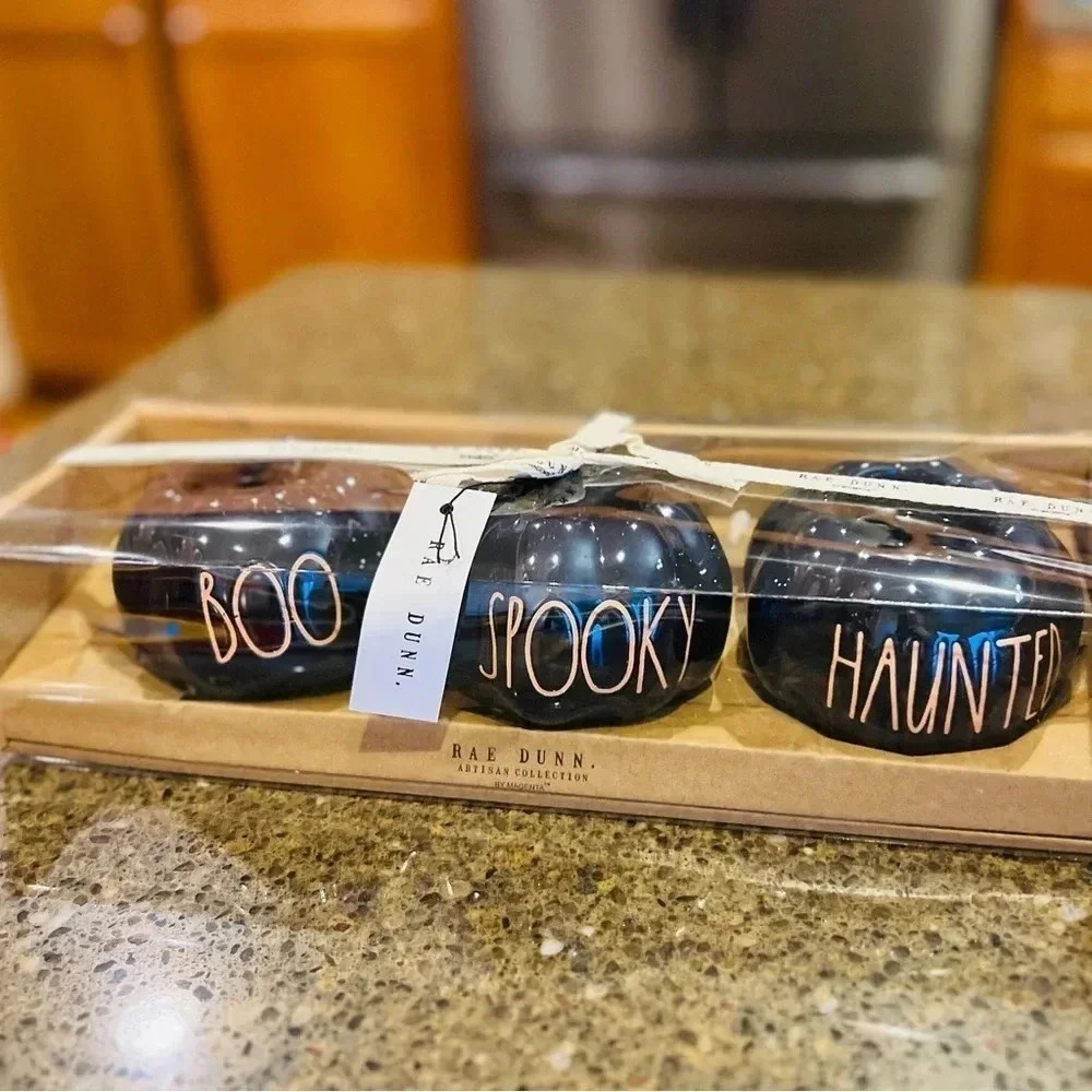 NEW Set of (3) -Rae Dunn BOO/SPOOKY/HAUNTED Fun Pumpkin Shaped Tea Light Holders - Picture 3 of 7